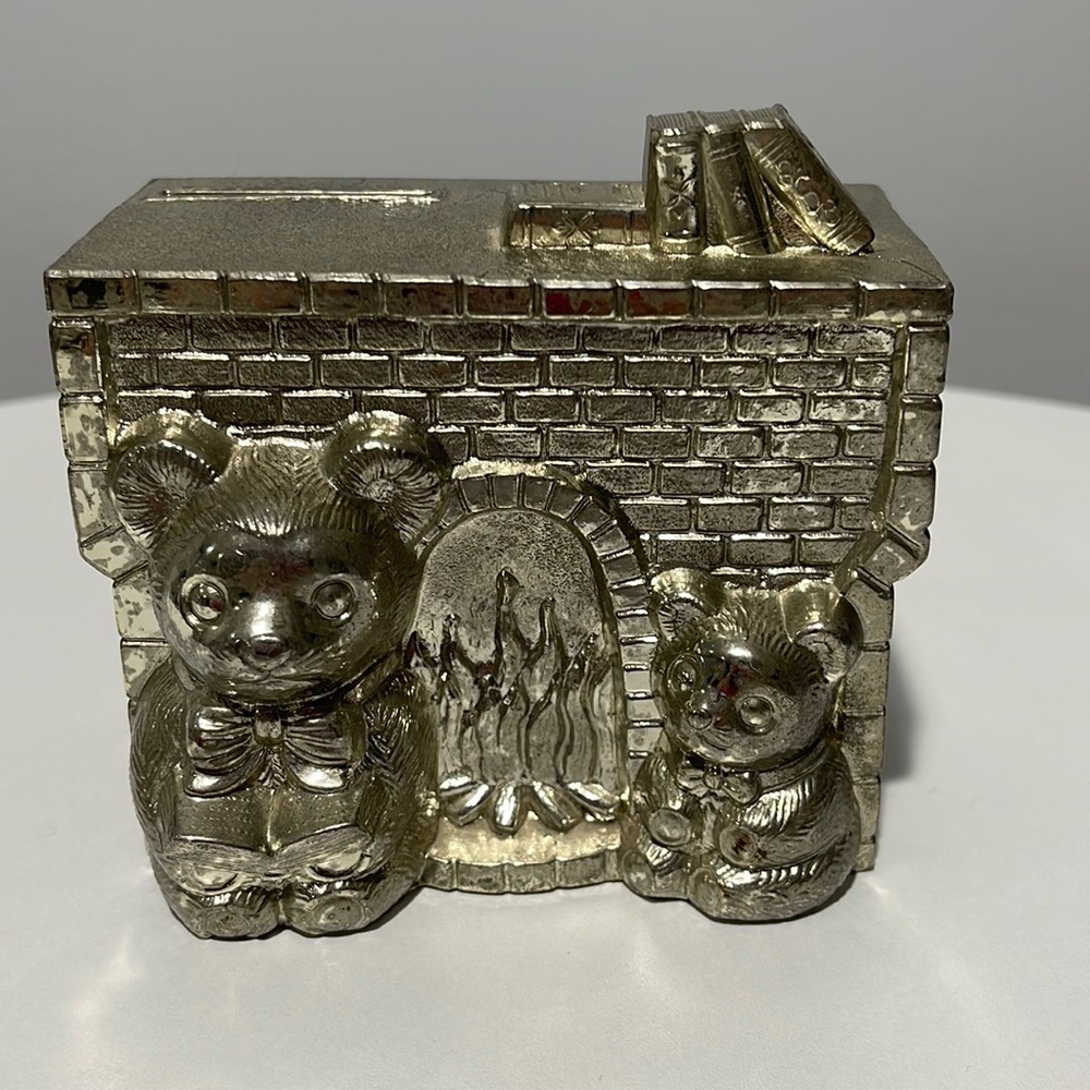 Cast Iron Music Box Coin Bank Wind Up Japan Teady Bear Fireplace Rare vintage